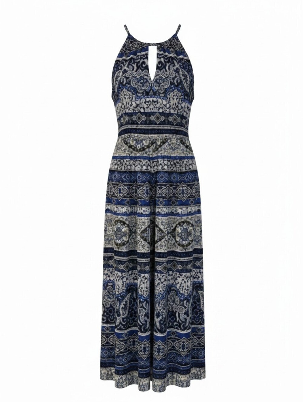 Valerie Bertinelli Blue and White Midi, Cocktail, Feminine, Halter, Sleeveless